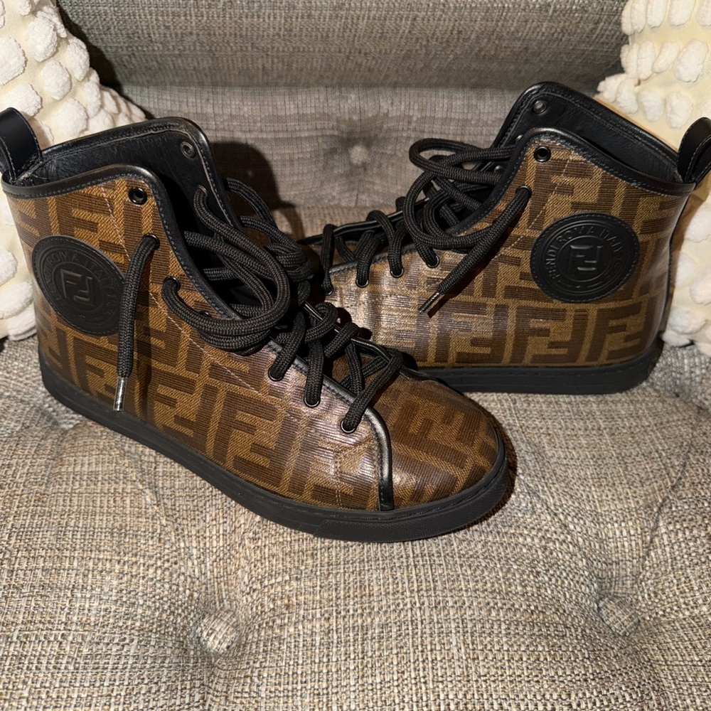 Fendi Brown Zucca Logo High-Top Sneakers with Black Trim